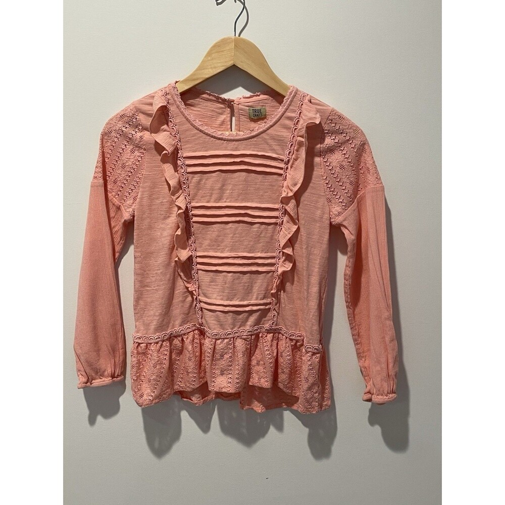 True Craft Top Girls Long Sleeve Peach Ruffle Lace Pleated‎ Size Large